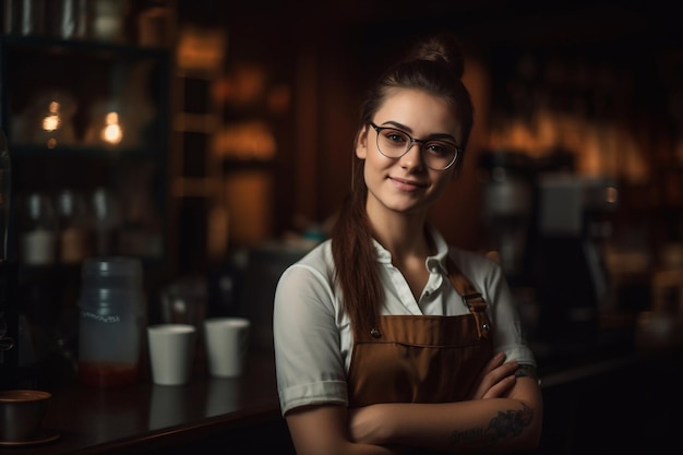 A woman wearing an apron stands in front of a counter with a coffee maker on it.