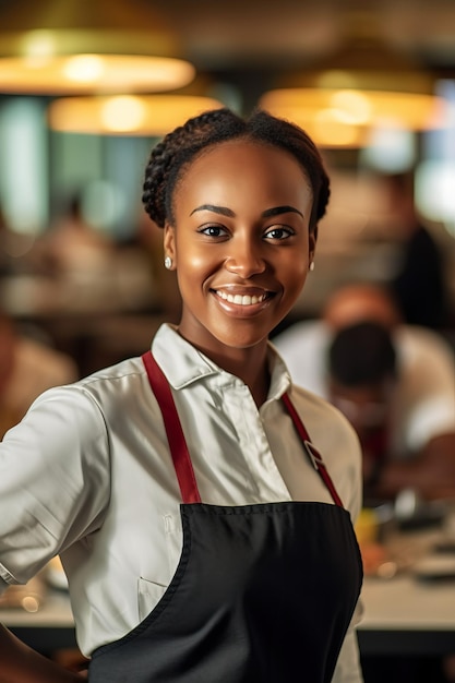 A woman wearing an apron stands in a restaurant