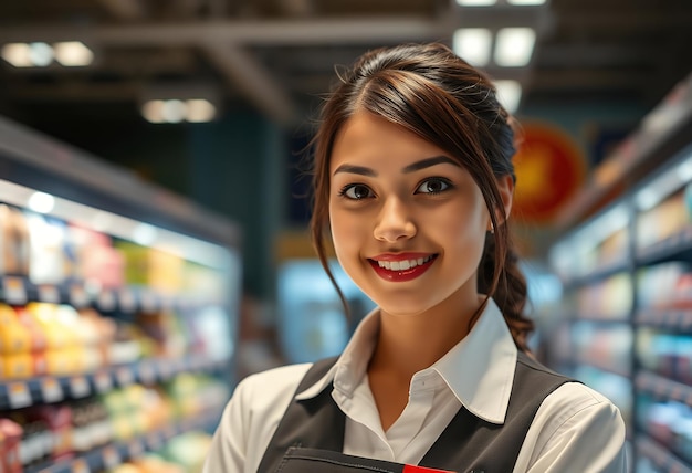 a woman wearing an apron that says quot she is smiling quot