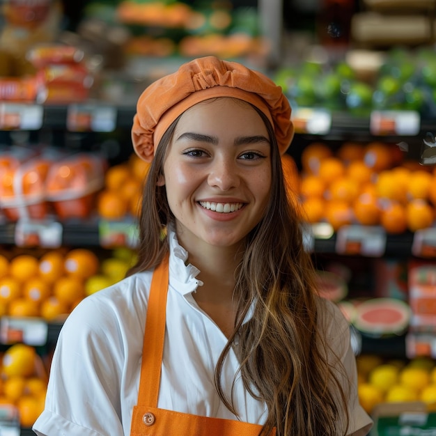 a woman wearing an apron that says quot t shirt quot on it