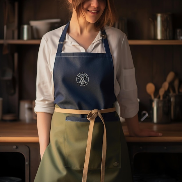 Photo a woman wearing an apron with the logo for the company quot on it