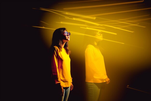 Photo woman wearing augmented reality standing in yellow spotlight