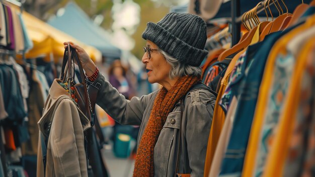 Photo a woman wearing a beanie and scarf looks at a jacket while shopping at a street market