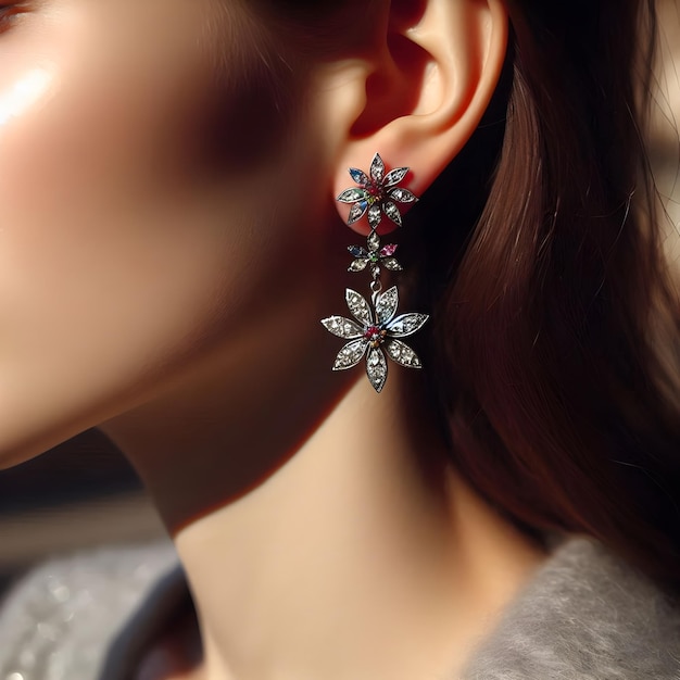 Photo woman wearing beautiful beaded floral earrings