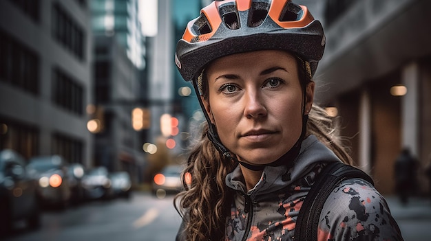 A woman wearing a bike helmet stands on a city street.