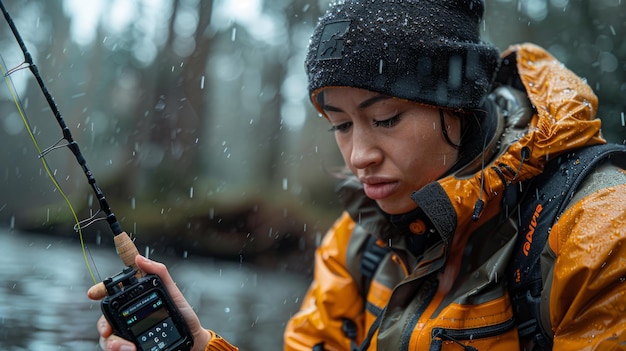 Woman Wearing Black Beanie and Orange Rain Jacket Holds Fishing Rod in Rainy Weather