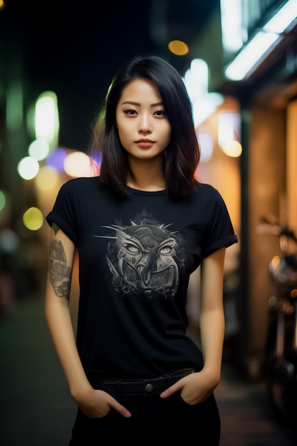 woman wearing a black casual tshirt tshirt mockup t shirt with short sleeves Ai generated