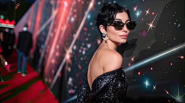 Photo a woman wearing a black dress and sunglasses is posing in front of a colorful backdrop