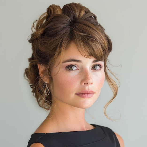 Photo a woman wearing a black dress with a diamond earring