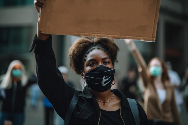 A woman wearing a black face mask holds up a sign that says'save the planet '