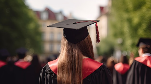 A woman wearing a black graduation cap and gown