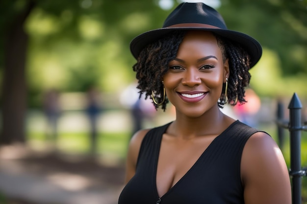 A woman wearing a black hat and a black dress smiles at the camera.