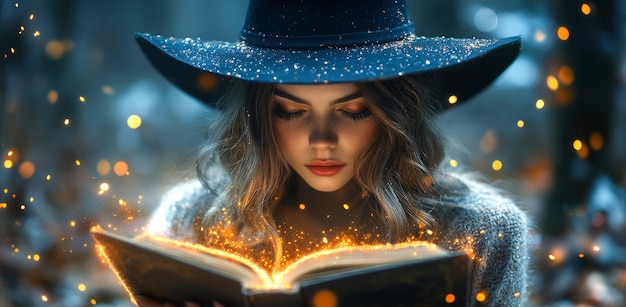 Photo a woman wearing a black hat is reading a book the book is open to a page with a glowing light the scene has a mystical and magical feel to it