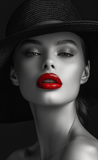 Photo woman wearing black hat and red lipstick a woman wearing a large black hat stares at the camera with bright red lipstick