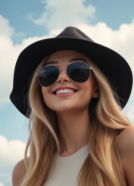 a woman wearing a black hat and sunglasses is smiling