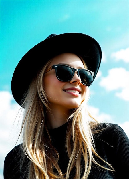 Photo a woman wearing a black hat and sunglasses is wearing a black hat