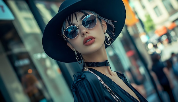 a woman wearing a black hat and sunglasses is wearing a black hat