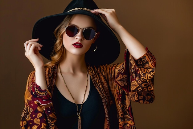 a woman wearing a black hat and sunglasses poses for a photo