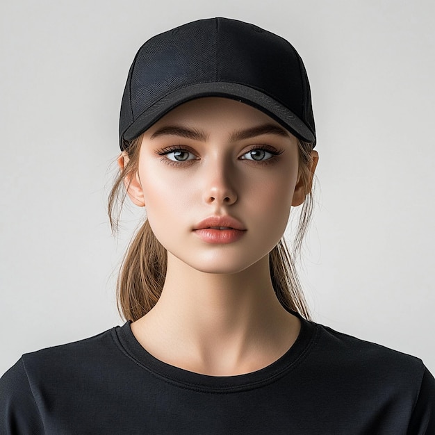 Photo a woman wearing a black hat that says  she is wearing a black hat