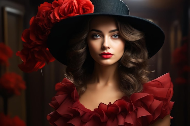 Woman wearing black hat with red flowers on it Generative AI