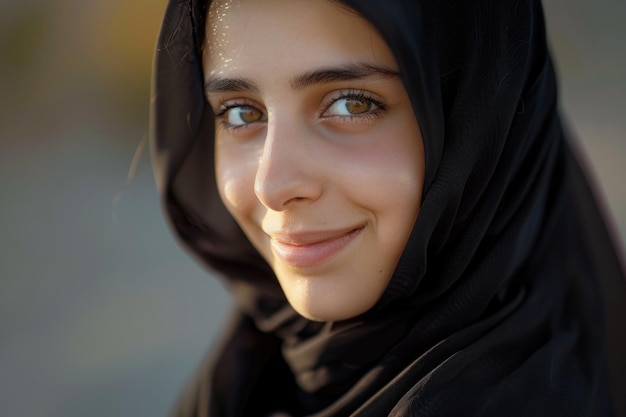 A woman wearing a black hijab smiling at the camera informative and straightforward image description