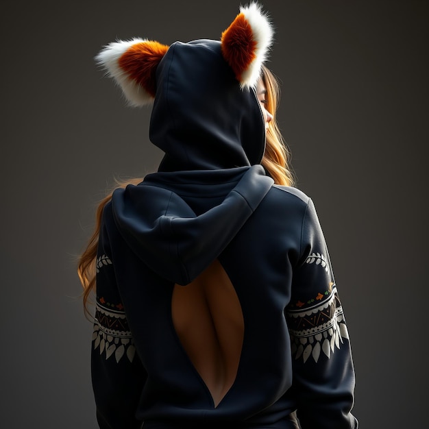 a woman wearing a black hoodie with a fur collar and a fur hat on it