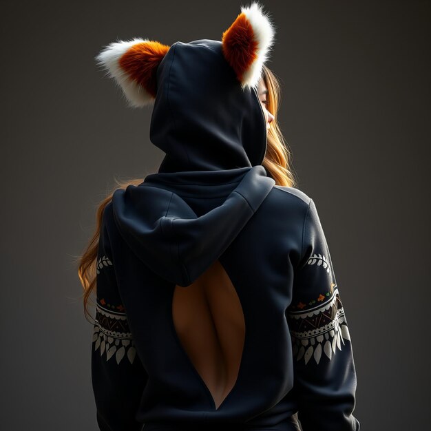 Photo a woman wearing a black hoodie with a fur collar and a fur hat on it