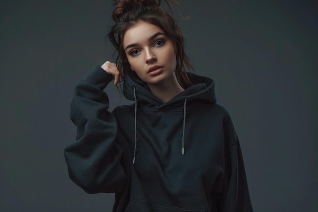 a woman wearing a black hoodie with a white zipper