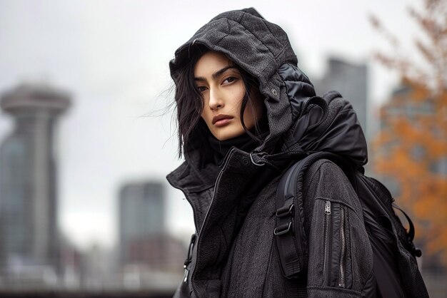 Photo a woman wearing a black jacket with a hood on her head