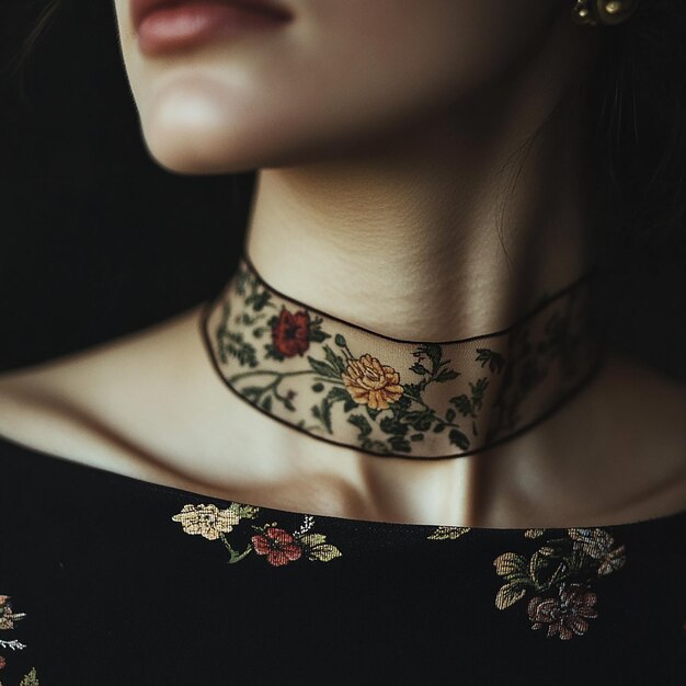 a woman wearing a black lace top with a black lace collar