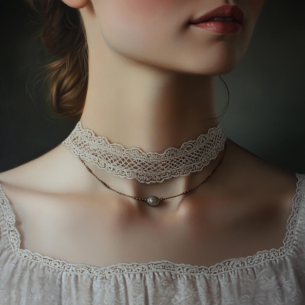 a woman wearing a black lace top with a black lace collar