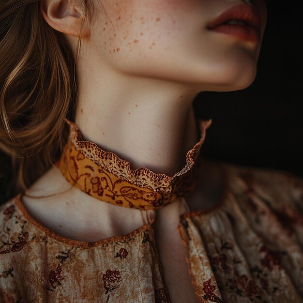 a woman wearing a black lace top with a black lace collar