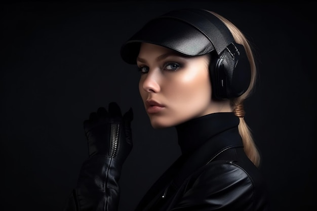 A woman wearing a black leather jacket and a black hat with the word music on it.