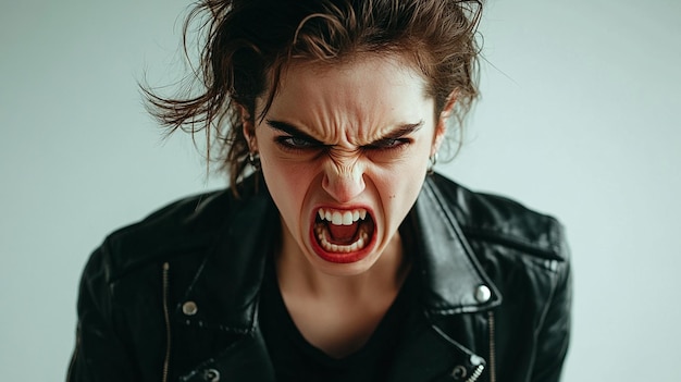 a woman wearing a black leather jacket with her mouth open