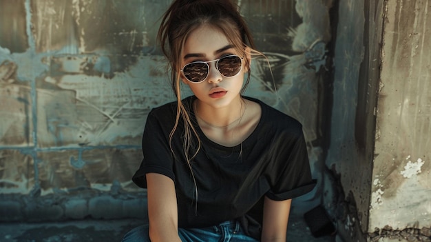 Photo a woman wearing a black shirt and blue jeans sits in front of a wall