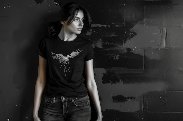 A woman wearing a black shirt and jeans leans against a wall looking relaxed