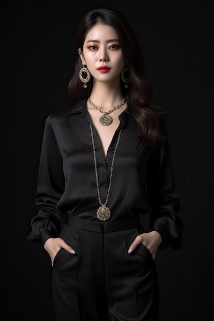 A woman wearing a black shirt and a necklace with the word fortune on it.