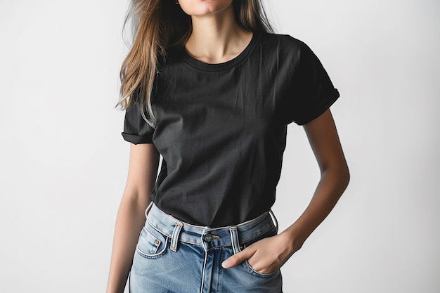 Photo a woman wearing a black shirt with a blue jean skirt