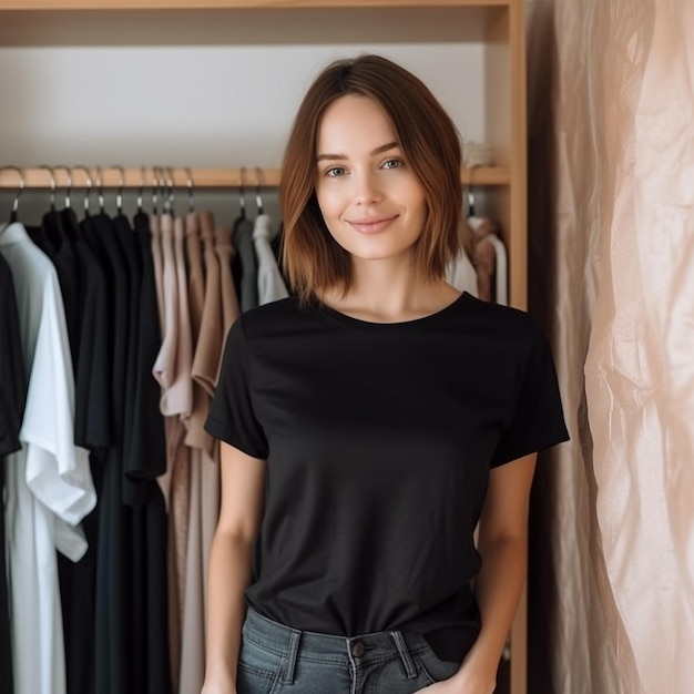 Photo a woman wearing a black shirt with a picture of a man on the front