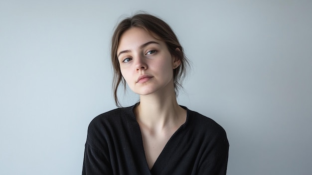 a woman wearing a black shirt with a white background