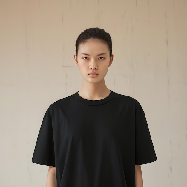 a woman wearing a black shirt with a white background