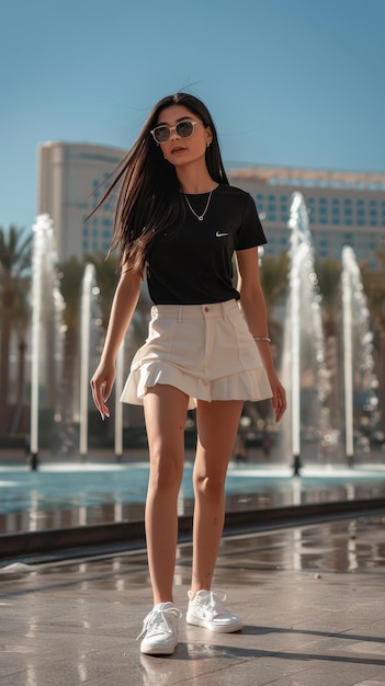 a woman wearing a black shirt with the word  on it