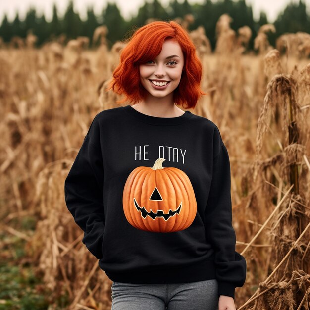 Photo a woman wearing a black sweater that says he he is wearing a pumpkin.