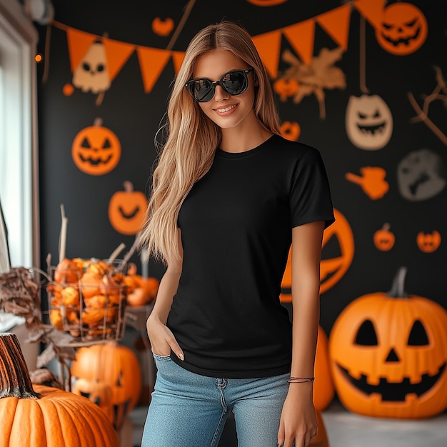 Photo woman wearing black t shirt mockup on halloween background