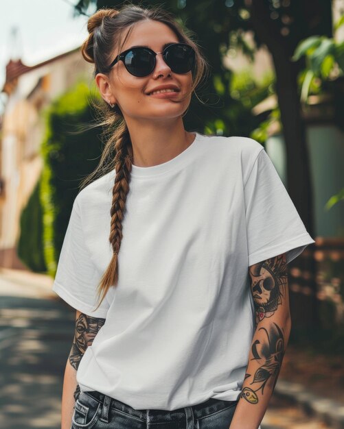 A woman wearing a blank white tshirt walks down a street