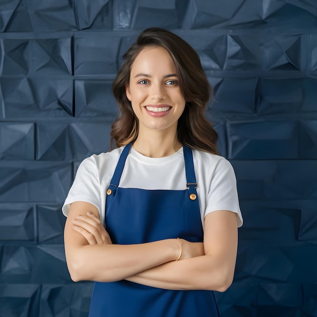 a woman wearing a blue apron with the word im standing in front of a blue wall