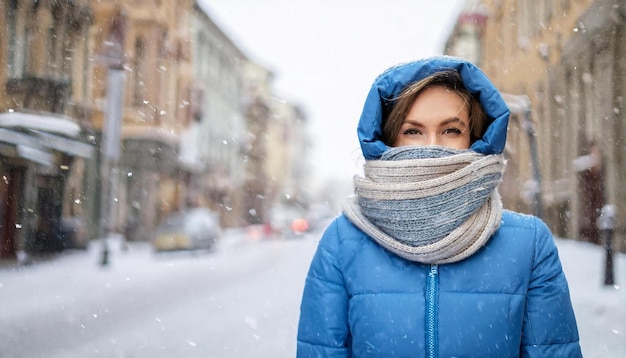 Photo a woman wearing a blue coat and scarf stands outside on the street on a snowy winter day