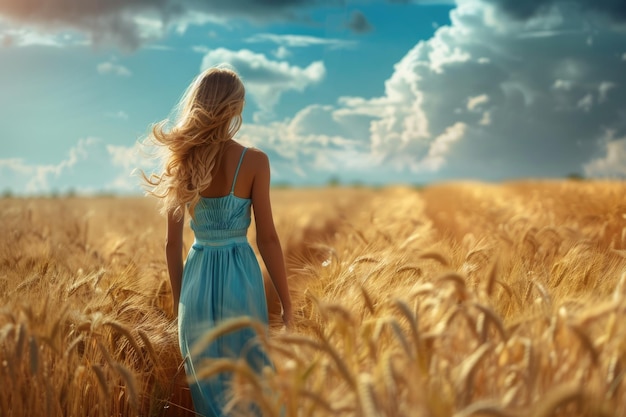 A woman wearing a blue dress stands amidst a field of golden wheat with the sun shining down