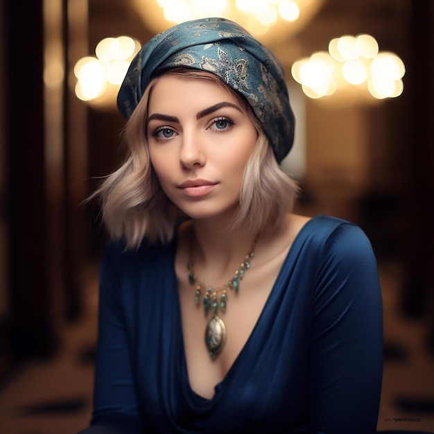 a woman wearing a blue dress with a green necklace on it