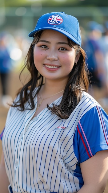 a woman wearing a blue hat with the word quot on it